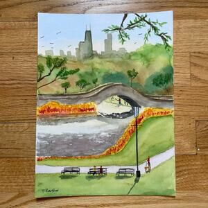 Hand painted watercolor original painting park fishing Chicago